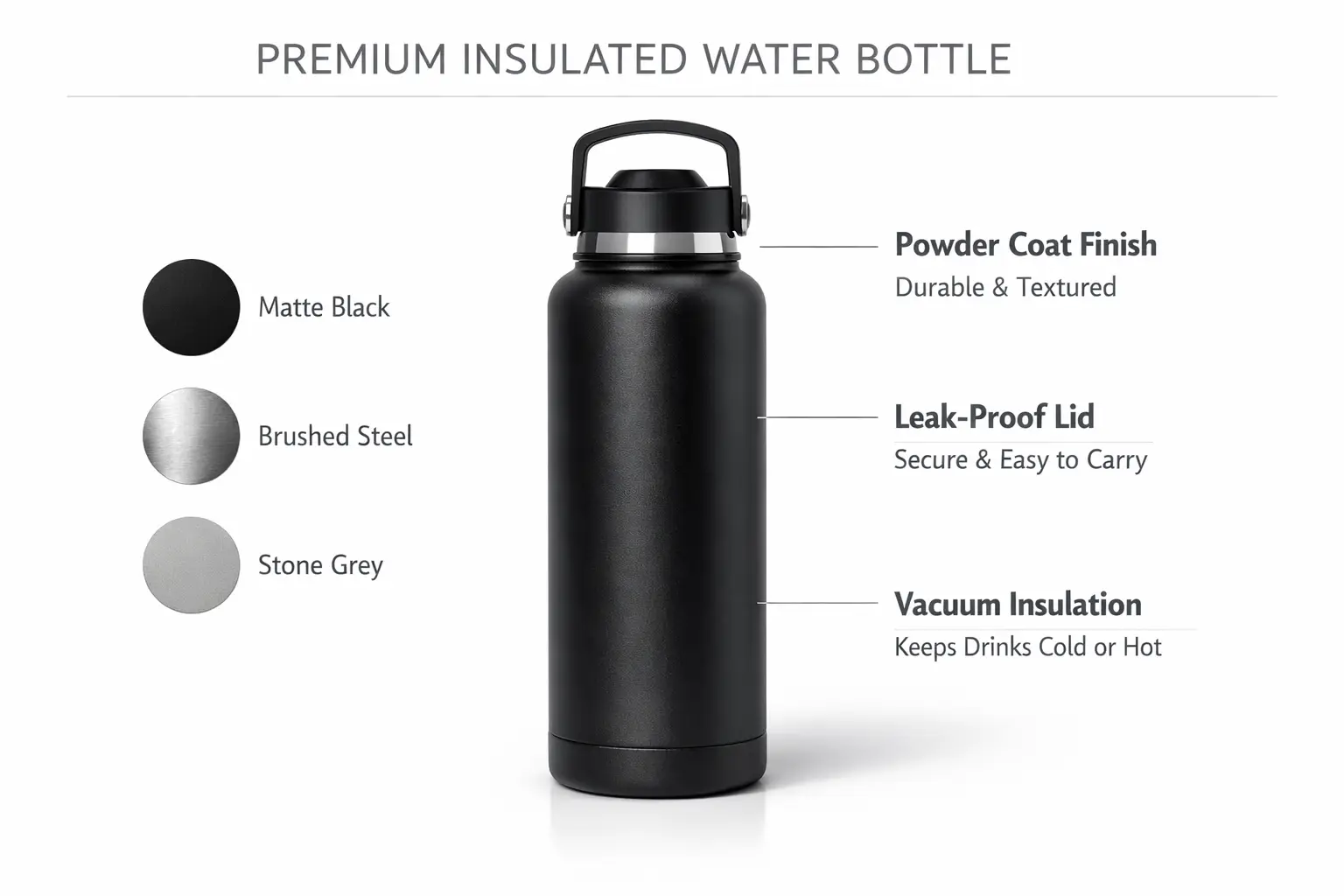 A product concept board with a central hero product shot, side material swatches, and short labeled annotations.